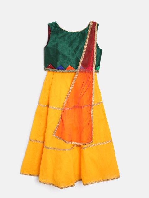 

YK Girls Green & Yellow Solid Ready to Wear Lehenga & Blouse with Dupatta