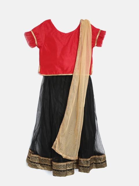 

YK Girls Red & Black Solid Ready to Wear Lehenga & Blouse with Dupatta