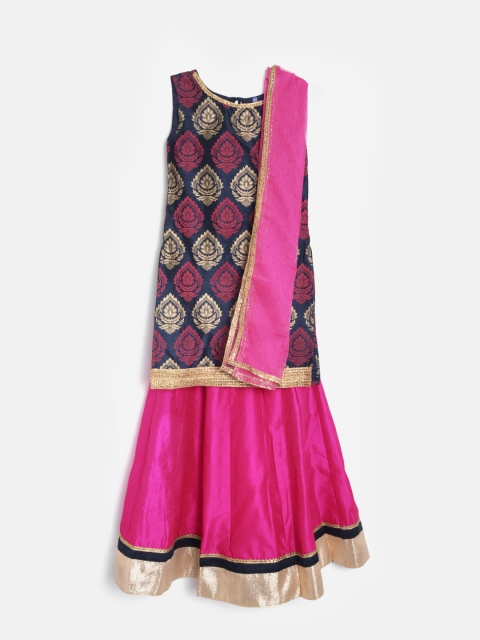 

YK Girls Navy & Pink Printed Ready to Wear Lehenga & Blouse with Dupatta, Navy blue