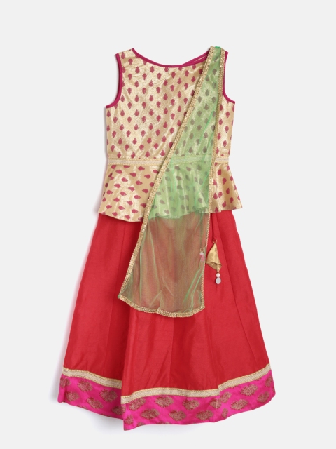 

YK Girls Golden & Red Printed Ready to Wear Lehenga & Blouse with Dupatta, Gold