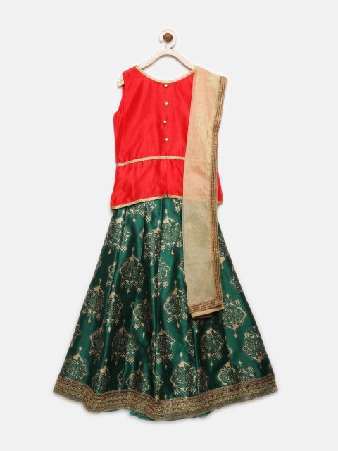 

YK Girls Red & Green Solid Ready to Wear Lehenga & Blouse with Dupatta