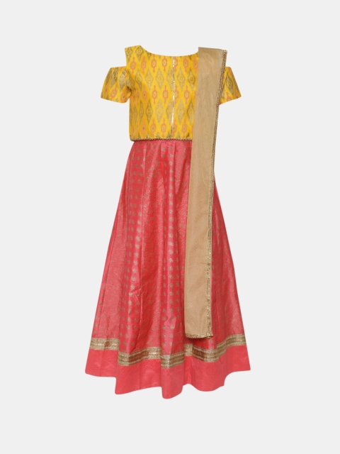 

YK Girls Mustard Yellow & Pink Printed Ready to Wear Lehenga & Blouse with Dupatta