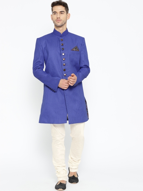 

Manu Men Blue and Cream-Coloured Self Striped Sherwani