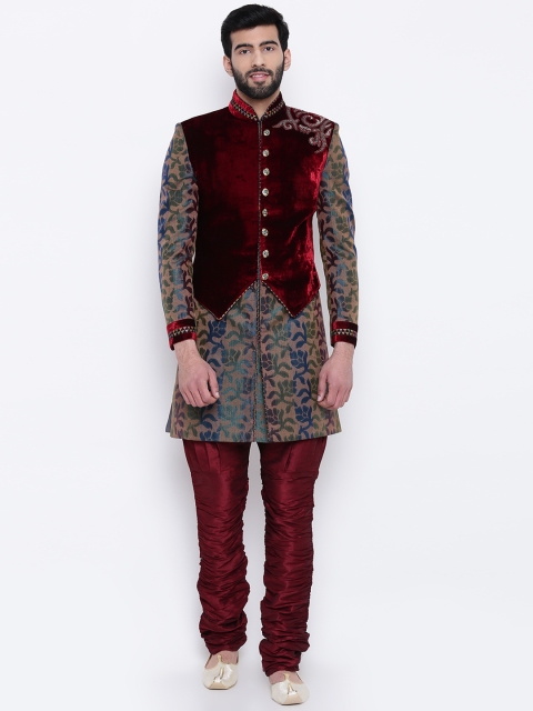 

Manu Maroon & Green Woven Design Sherwani