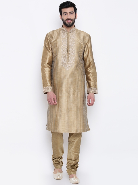 

Manu Men Beige Self-Striped Kurta with Pyjamas