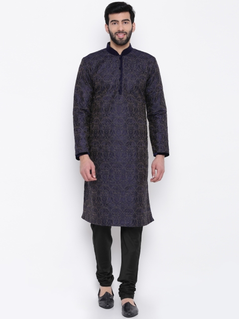 

Manu Men Navy Brown & Black Embroidered Kurta with Pyjamas