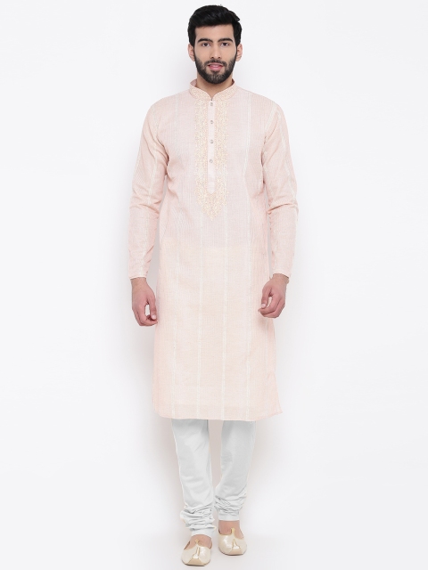 

Manu Men Peach-Coloured & White Striped Kurta with Pyjamas