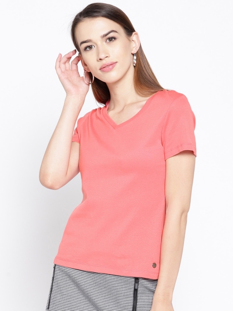 

Madame Women Pink Solid V-Neck T-shirt