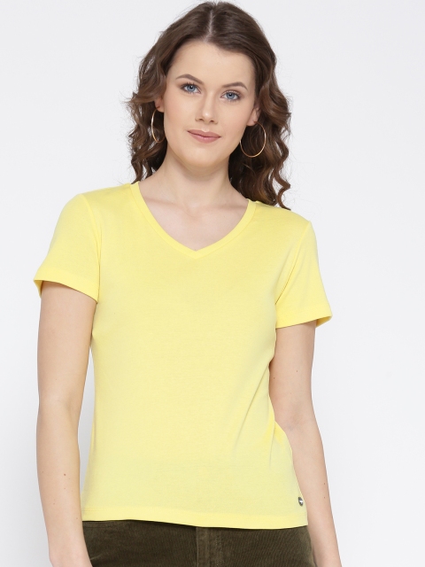 

Madame Women Yellow Solid V-Neck T-shirt