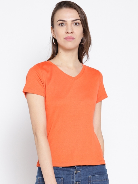 

Madame Women Orange Solid V-Neck T-shirt