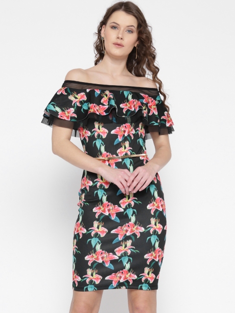 

Madame Women Black Printed Off-Shoulder Sheath Dress