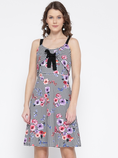 

Madame Women Black Checked A-Line Dress with Floral Print
