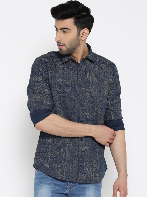 

Blackberrys Men Navy & Beige Slim Fit Printed Casual Shirt, Navy blue