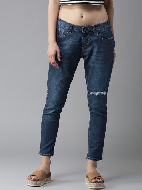 

HERE&NOW Women Navy Skinny Fit Mid-Rise Low Distress Cropped Stretchable Jeans, Navy blue
