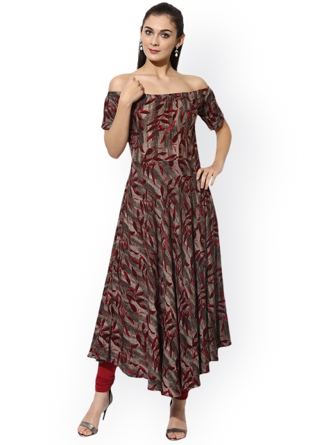 

Vaamsi Women Brown & Red Off-Shoulder Printed Anarkali Kurta