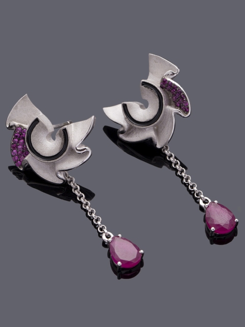 

Studio Voylla Flamenco Silver-Toned & Pink Geometric Drop Earrings
