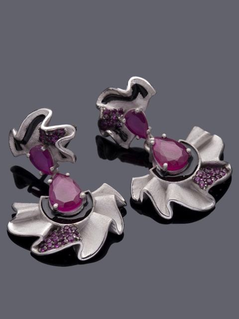 

Studio Voylla Flamenco Silver-Toned & Pink Contemporary Drop Earrings
