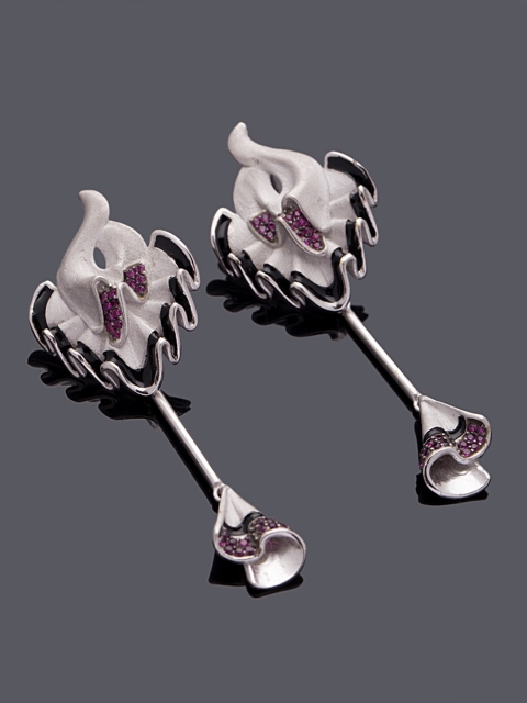 

Studio Voylla Flamenco Silver-Toned & Pink Contemporary Drop Earrings