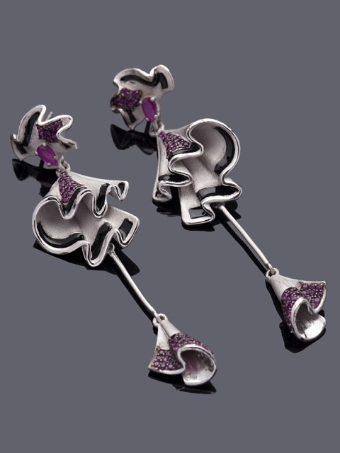 

Studio Voylla Flamenco Silver-Toned & Pink Contemporary Drop Earrings
