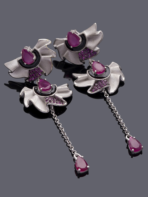 

Studio Voylla Flamenco Silver-Toned & Pink Contemporary Drop Earrings