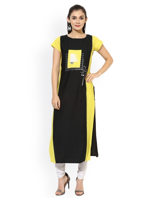 

Vaamsi Women Black & Yellow Printed Straight Kurta