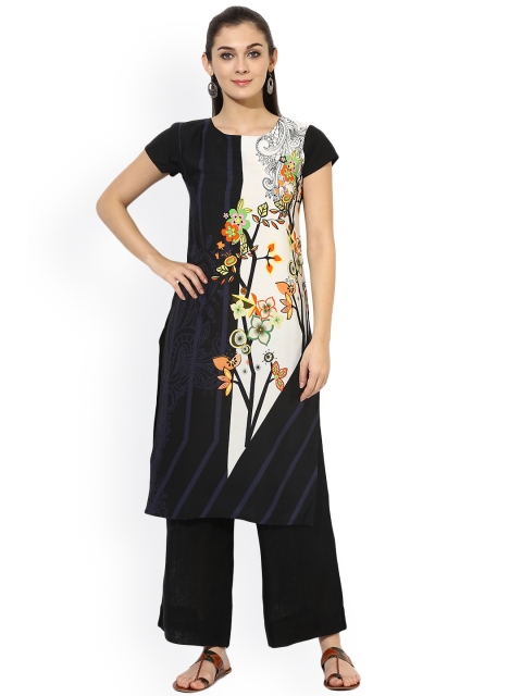 

Vaamsi Women Black & White Printed Straight Kurta