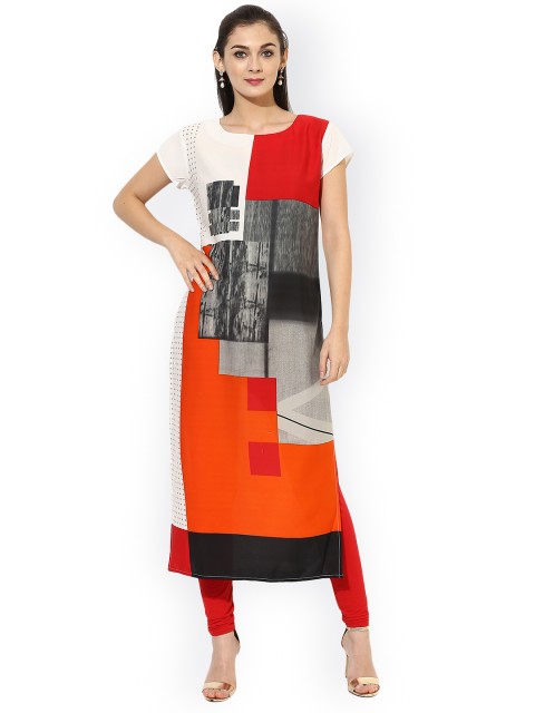 

Vaamsi Women Off-White & Red Printed Straight Kurta