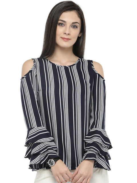 

plusS Women Navy Blue Cold-Shoulder Striped Top