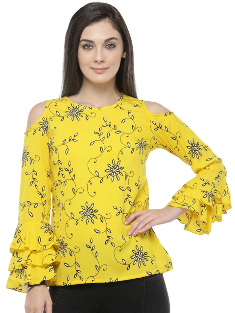 

plusS Women Yellow Cold-Shoulder Printed Top