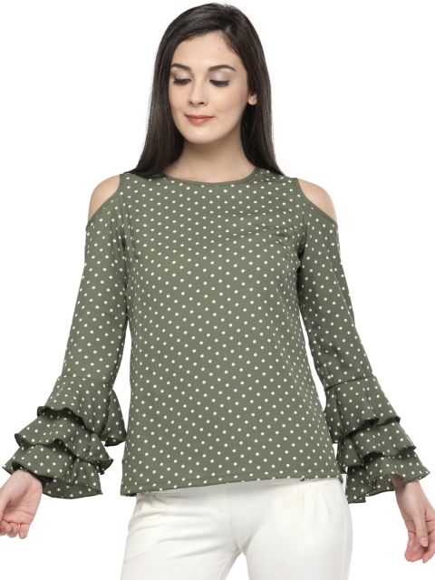 

plusS Women Olive Green Cold-Shoulder Printed Top