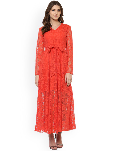 

WoowZerz Women Orange Self Design Maxi Dress