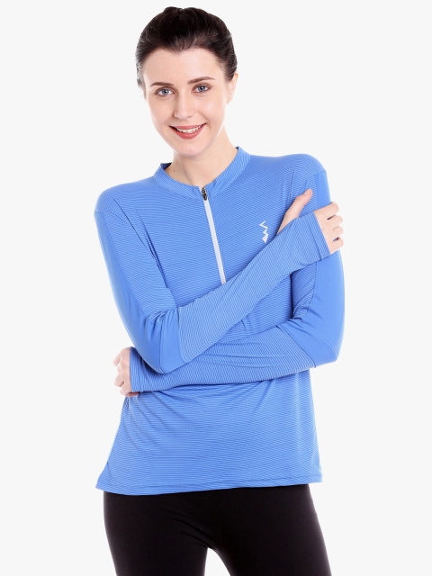 

Campus Sutra Women Blue Striped Mandarin Collar T-shirt