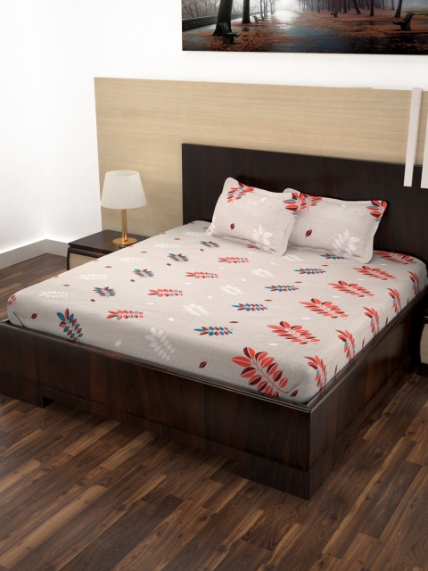 Story@home Grey & Red Floral Flat 240 TC 1 Double Bedsheet with 2 Pillow Covers