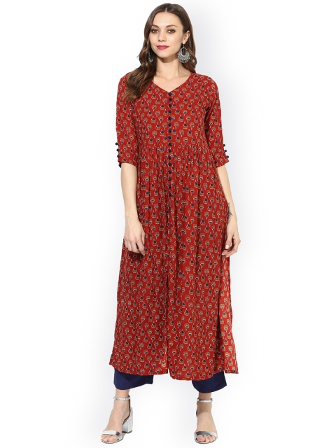 Varanga Women Red & Navy Blue Printed Kurta with Trousers