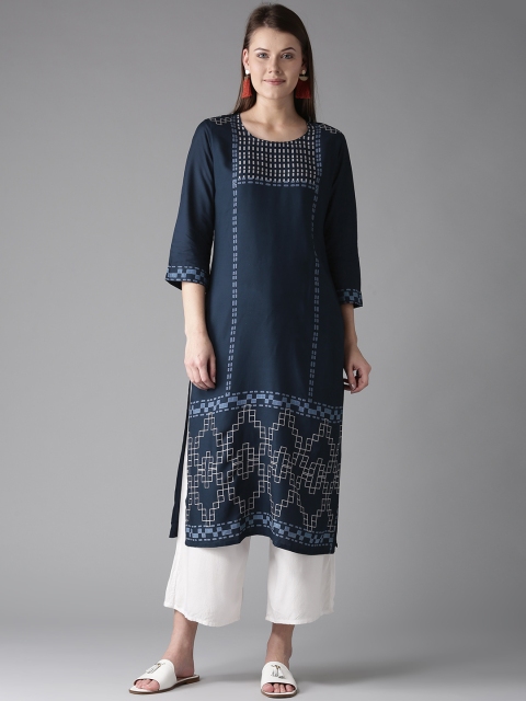 

Moda Rapido Women Navy Blue & White Printed Straight Kurta