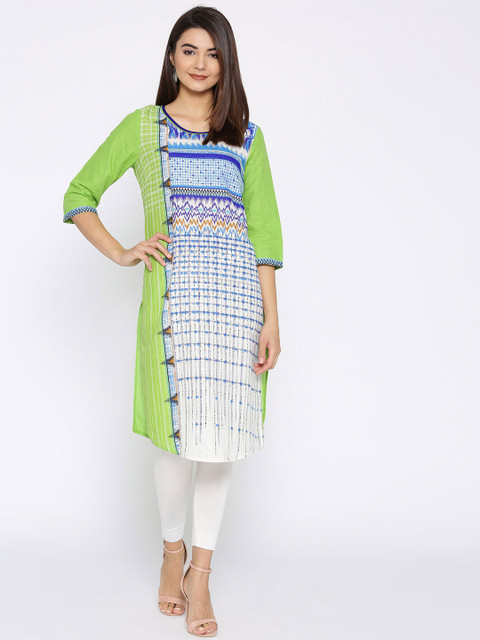 

AURELIA Women White & Green Printed Straight Kurta