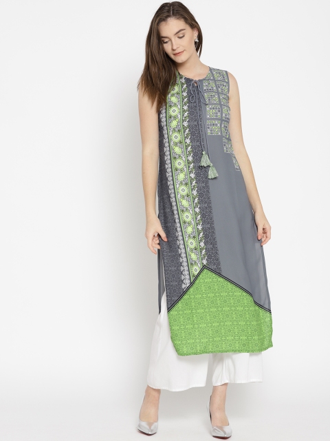 

AURELIA Women Grey & Green Printed Straight Kurta