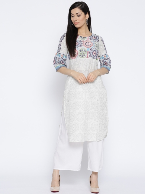 

AURELIA Women Off-White & Grey Printed Straight Kurta