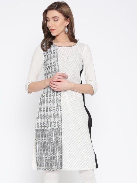 

AURELIA Women White & Black Woven Design Straight Kurta