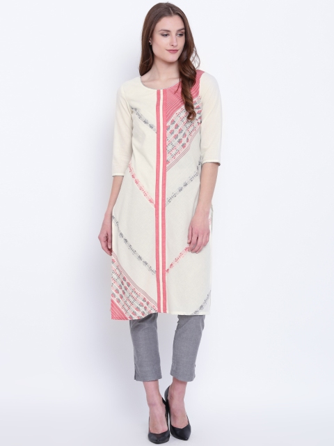 

AURELIA Women Cream-Coloured & Red Woven Design Straight Kurta