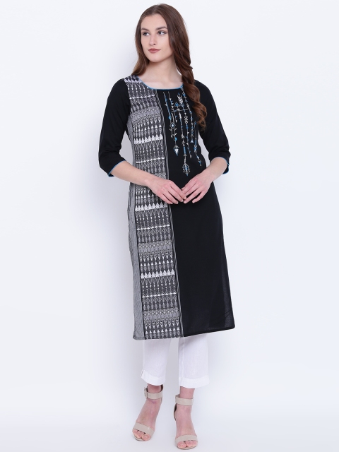 

AURELIA Women Black & White Woven Design Straight Kurta