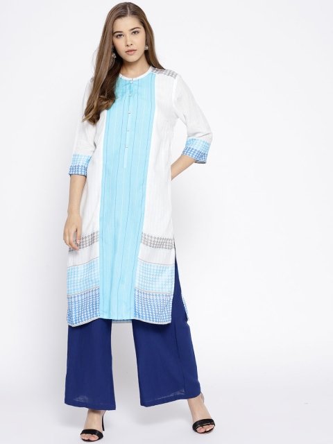 

AURELIA Women White & Blue Striped Straight Kurta