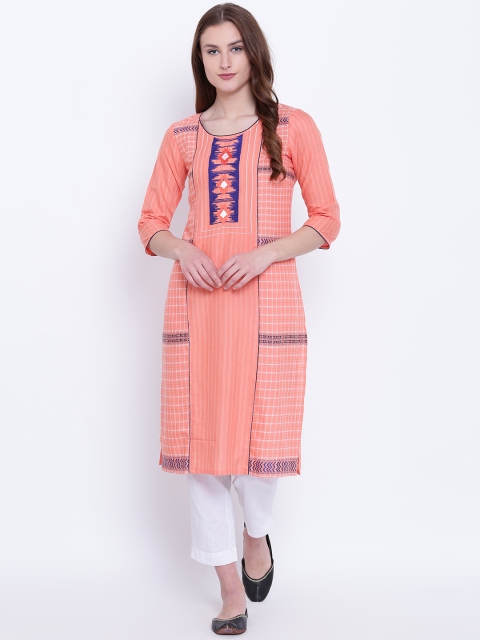 

AURELIA Women Coral Pink & Off-White Self-Checked Straight Kurta
