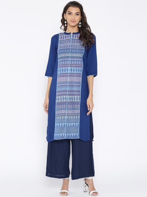 

AURELIA Women Blue Woven Design Straight Kurta