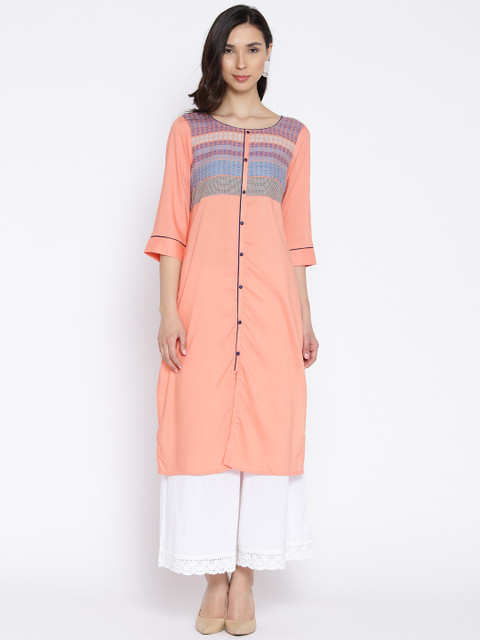 

AURELIA Women Peach-Coloured Yoke Design Straight Kurta
