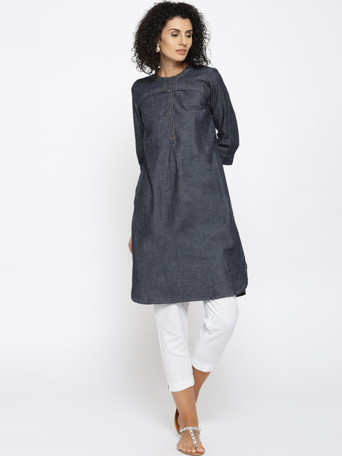 

AURELIA Women Navy Blue Chambray Solid Straight Kurta