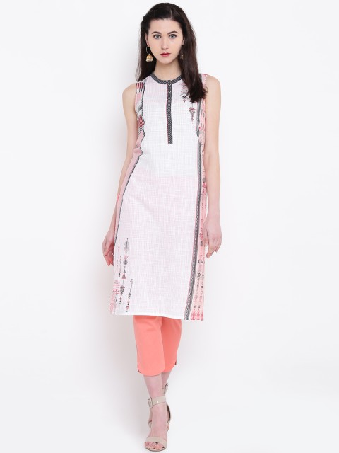 

AURELIA Women White & Peach-Coloured Printed Straight Kurta