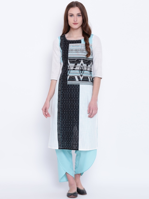 

AURELIA Women Off-White & Black Printed Straight Kurta