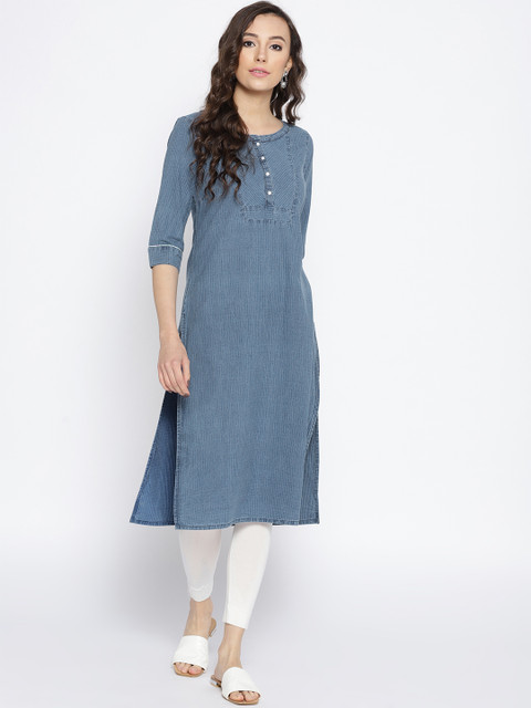 

AURELIA Women Blue Chambray Self-Striped Straight Kurta