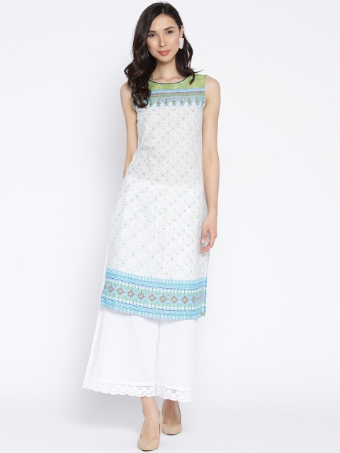 

AURELIA Women White & Grey Printed Straight Kurta